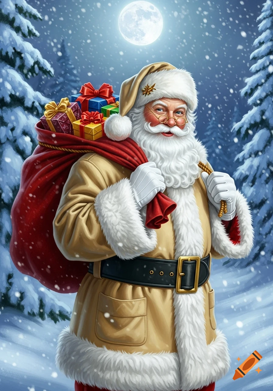 Smiling Santa Claus in a tan fur coat, carrying a red sack of gifts in a snowy forest under a full moon.