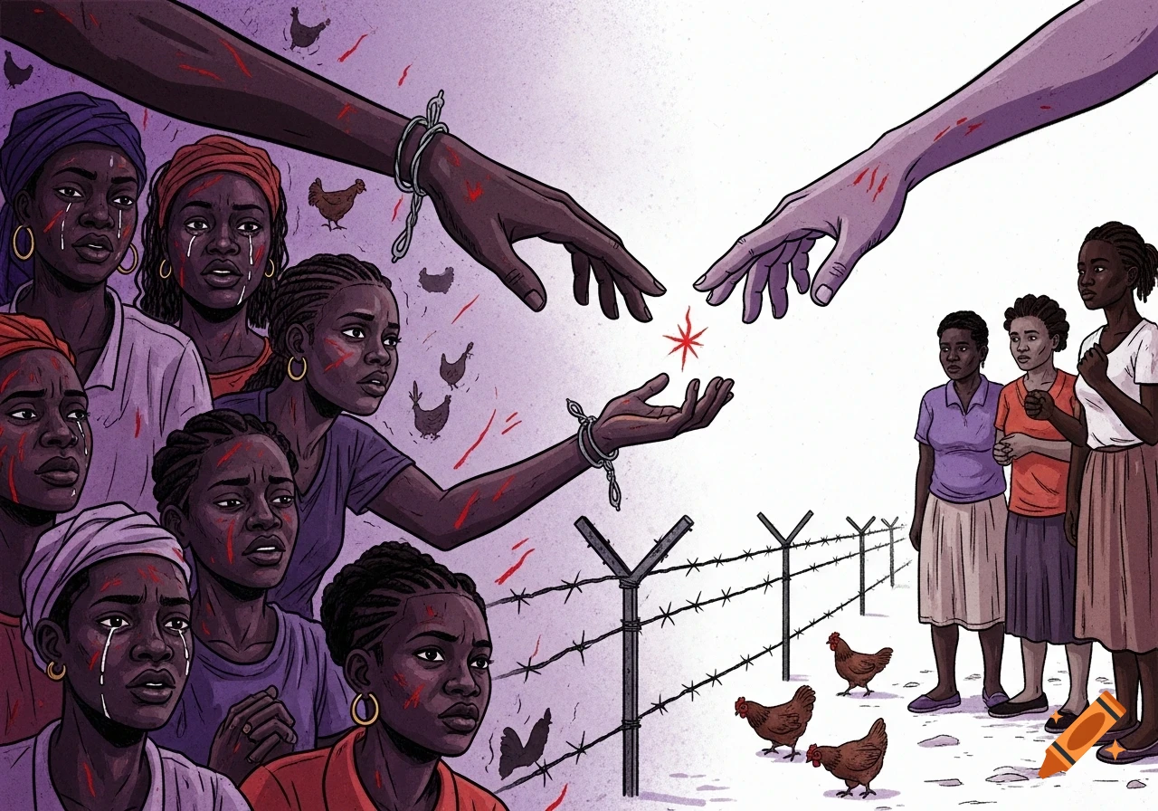 A stylized illustration depicts African women in distress on the left, separated by barbed wire from calmer women on the right, with hands reaching across the divide.