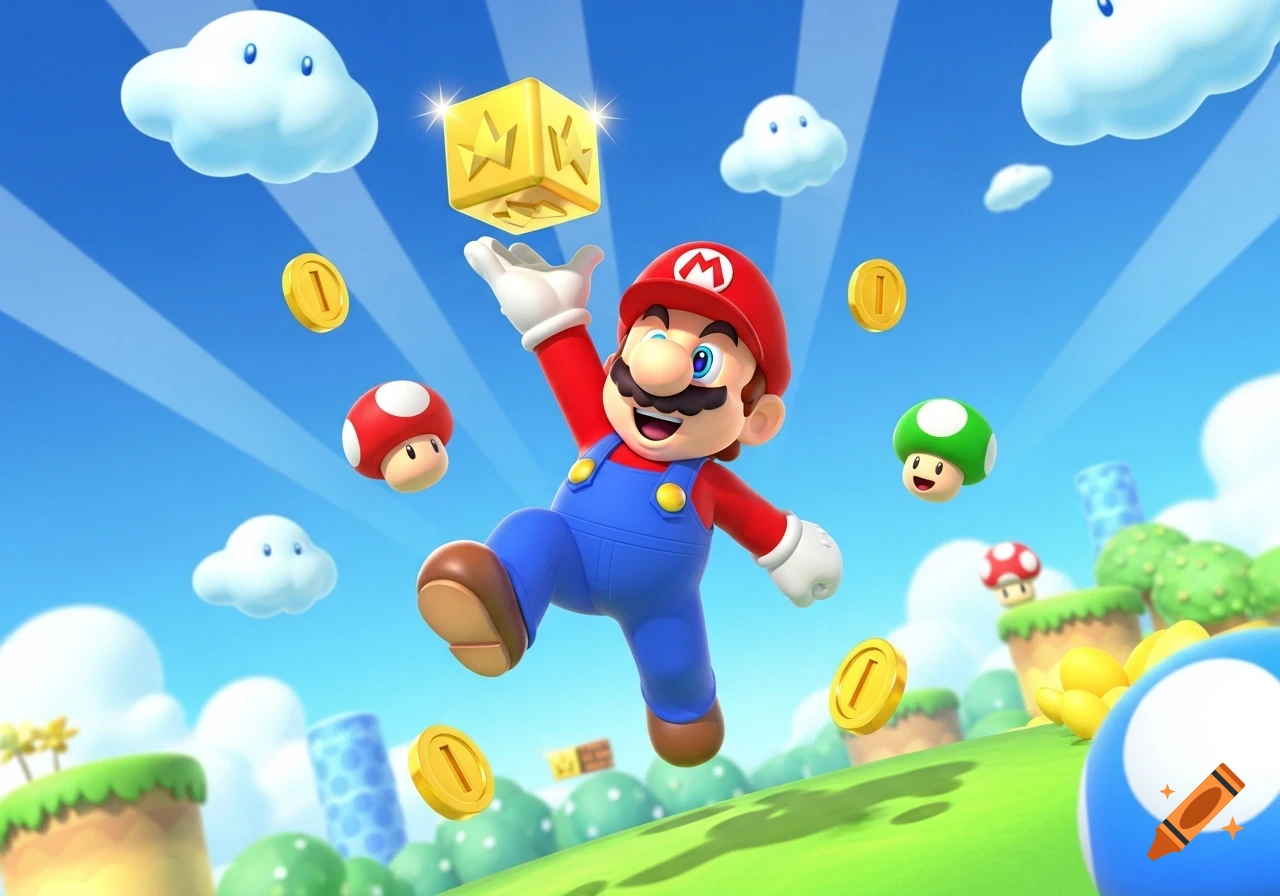 Super Mario jumps beneath a golden block, surrounded by coins, mushrooms, and clouds in a vibrant, cartoonish landscape.