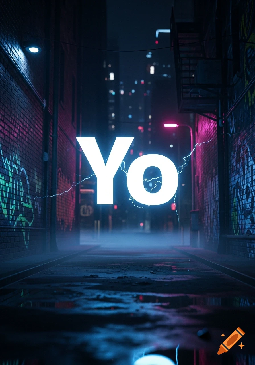 The word 'Yo' glowing with blue light in a dark, neon-lit urban alleyway with graffiti.