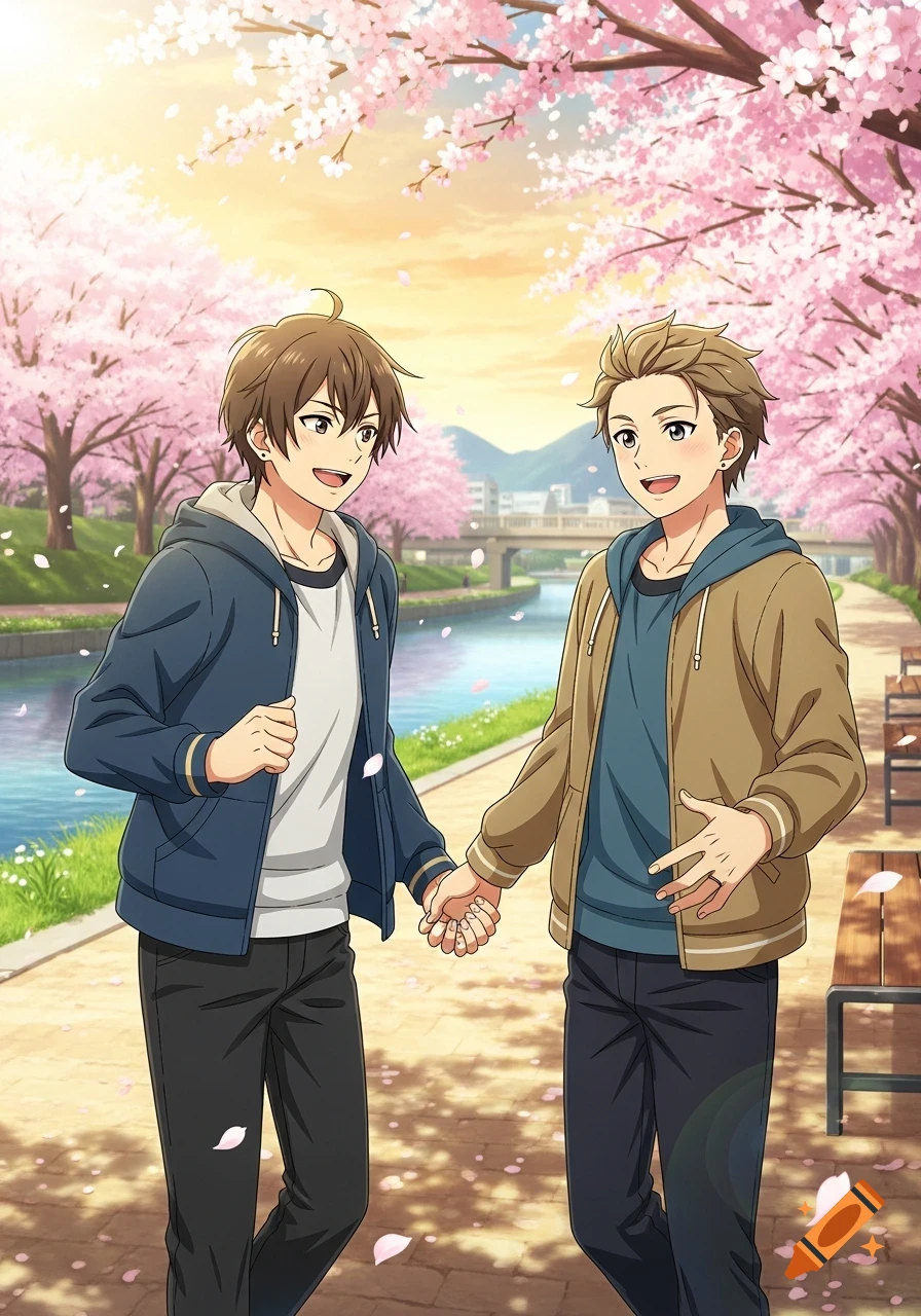 Two anime men holding hands and smiling while walking along a cherry blossom-lined river path.