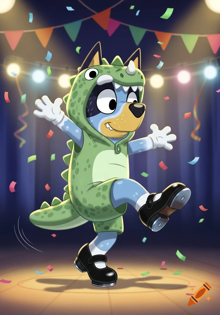 Bluey, a blue dog, tap dancing in a green dinosaur costume on a stage with confetti falling, spotlights, and colorful banners.