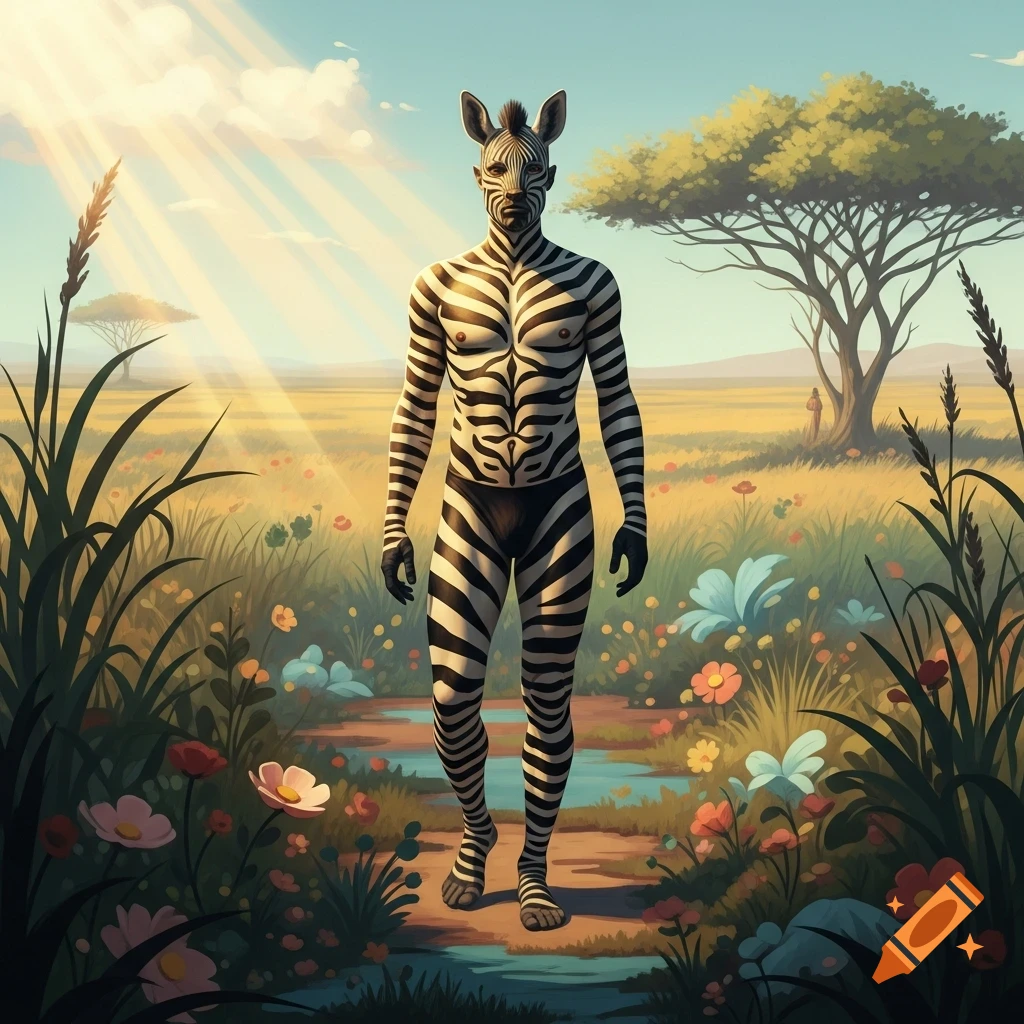 A male figure with zebra-striped skin and ears walks on a dirt path through a vibrant, flowery savanna under sun rays.