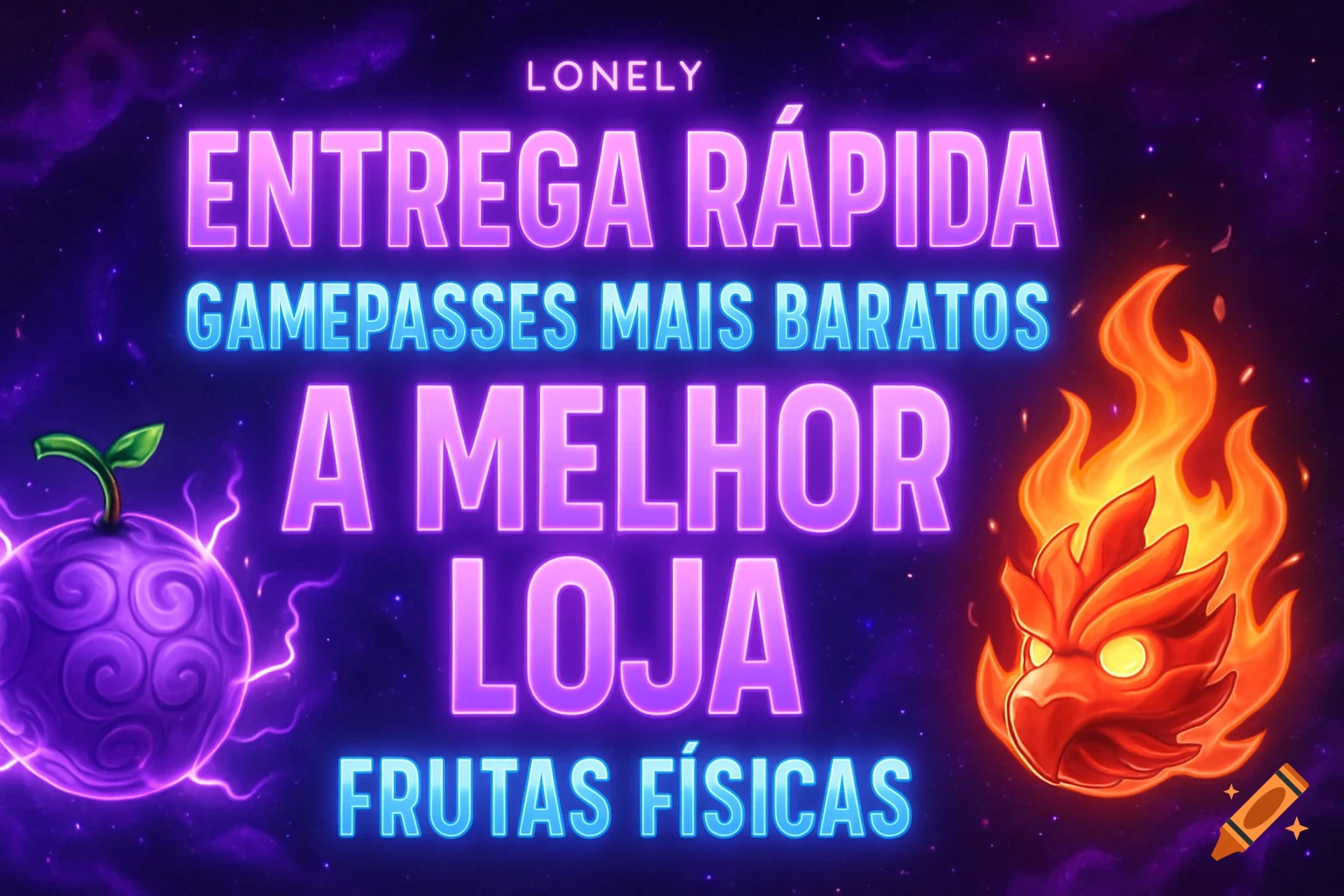 Vibrant gaming banner with glowing purple text "ENTREGA R PIDA", a purple fruit, and a fiery bird head on a cosmic background in anime style.