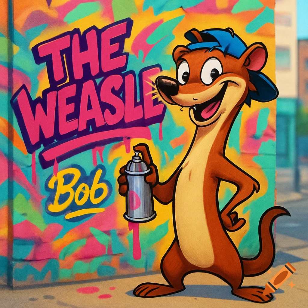 A cartoon weasel in a blue cap holds a spray can, standing in front of a colorful graffiti wall that reads "THE WEASLE" and "Bob".