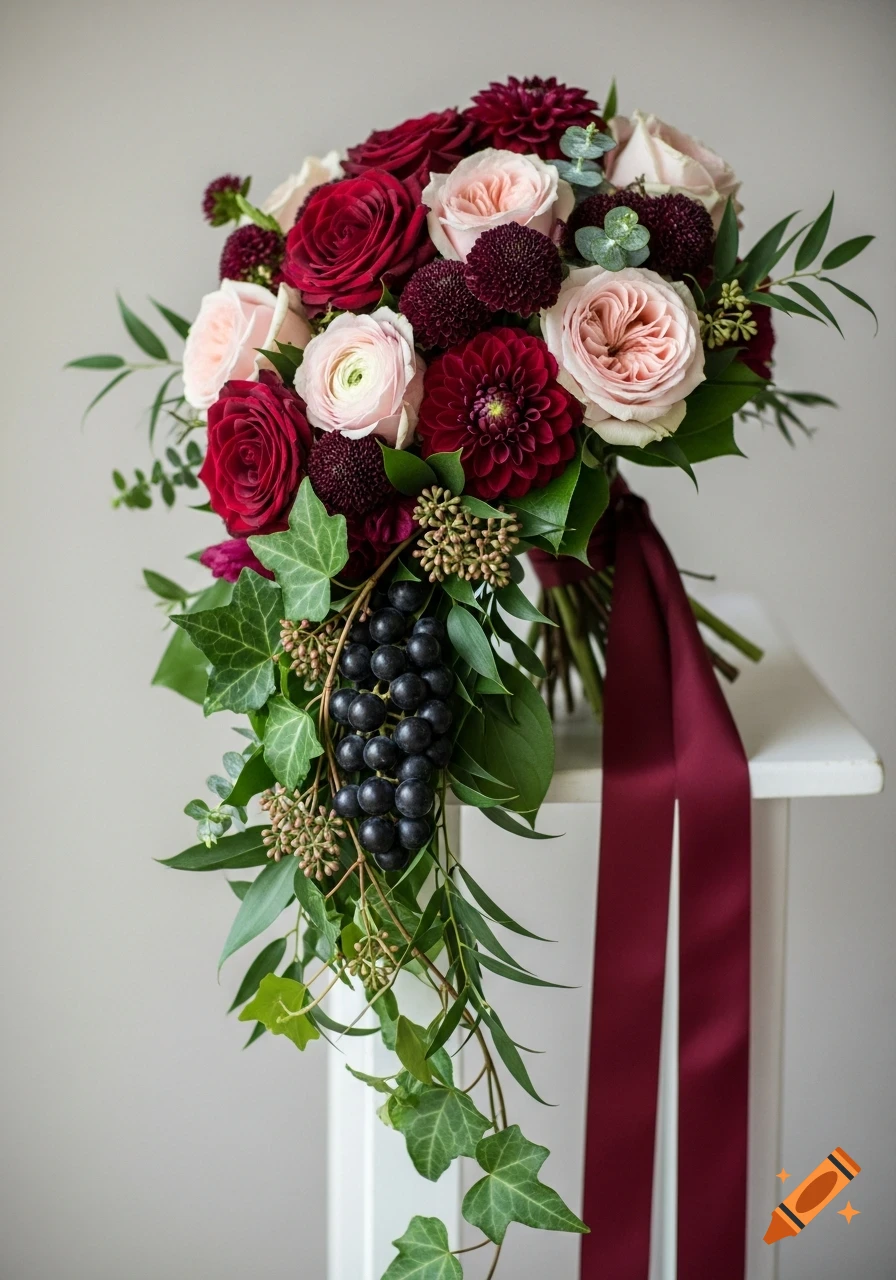 Elegant cascading wedding bouquet with burgundy and blush pink roses, ranunculus, dahlias, green ivy, and dark grapes, tied with a burgundy ribbon.