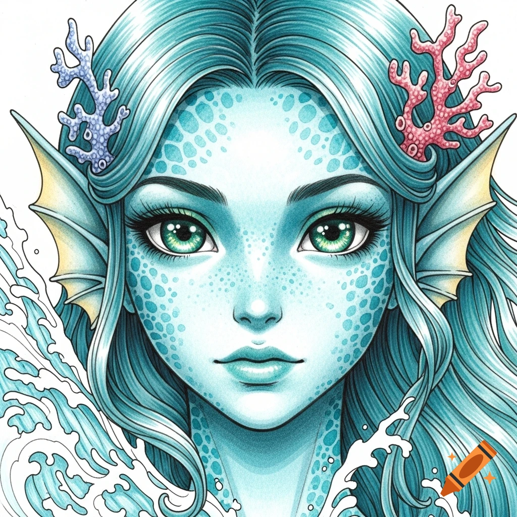 Close-up of an anime-style mermaid with blue-green skin, large green eyes, and blue hair decorated with coral, drawn with pens.