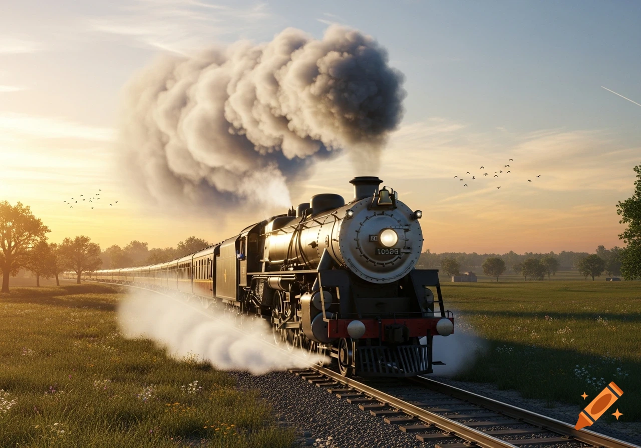A photorealistic steam train with dark smoke travels through a green field at sunset.
