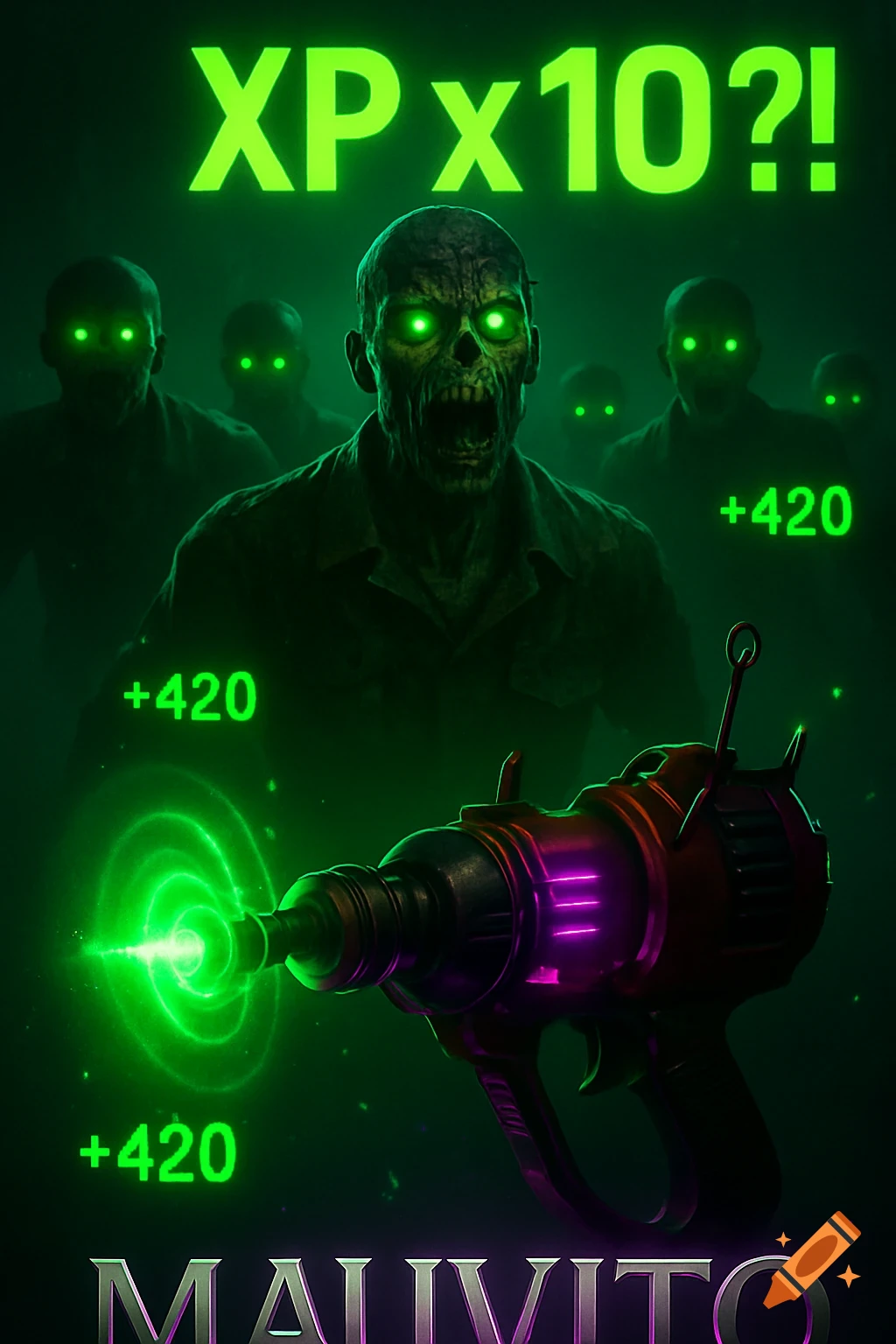 A Call of Duty Zombies-inspired image showing a horde of green-eyed zombies, a futuristic ray gun with green and purple energy, and "XP x10?!" text.