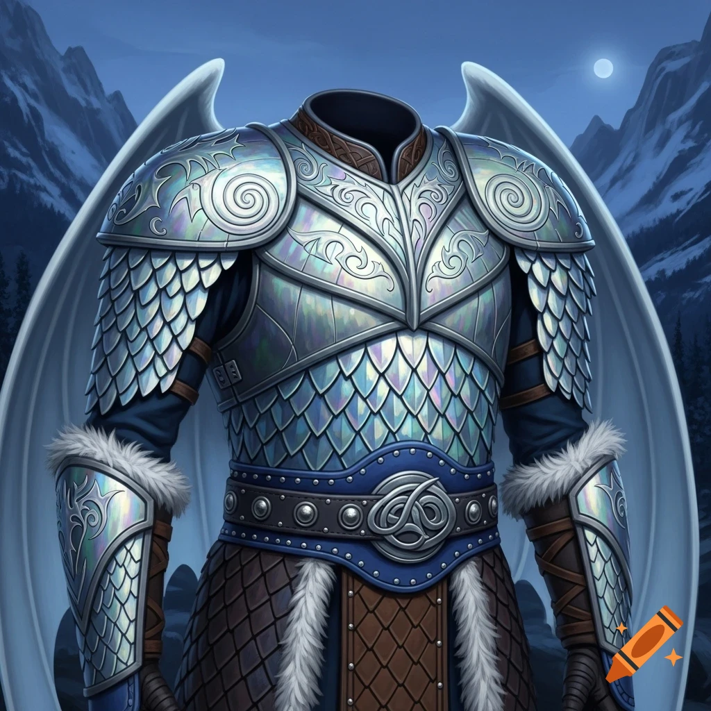Detailed iridescent scaled armor with white wings and fur trim, set against snowy mountains under a full moon.
