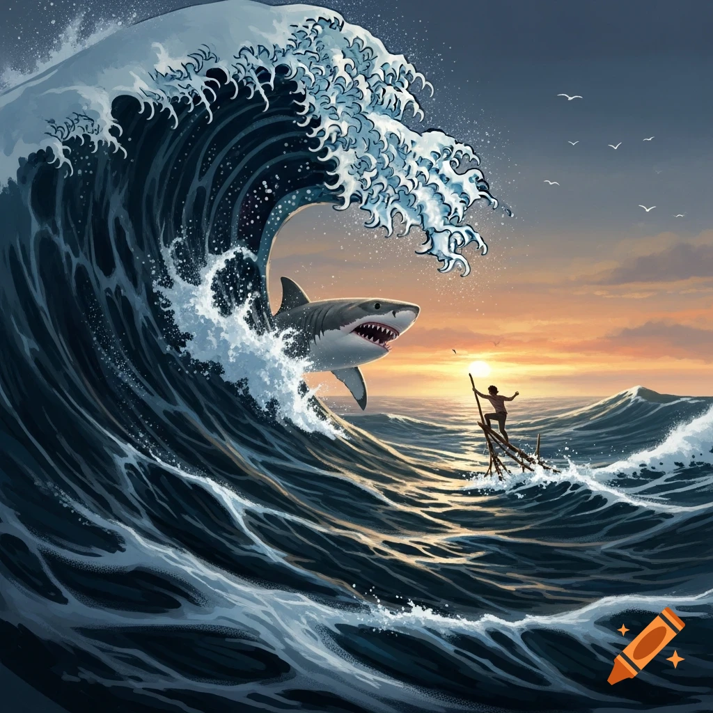 Stylized illustration of a large shark leaping from a massive wave towards a person on a small raft at sunset.