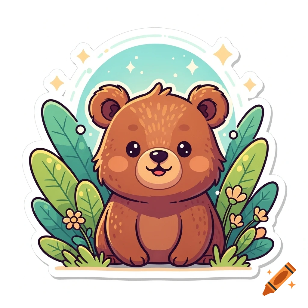 A cute brown cartoon bear with big eyes sits among green leaves and small orange flowers, in a sticker style with a light blue background and stars.