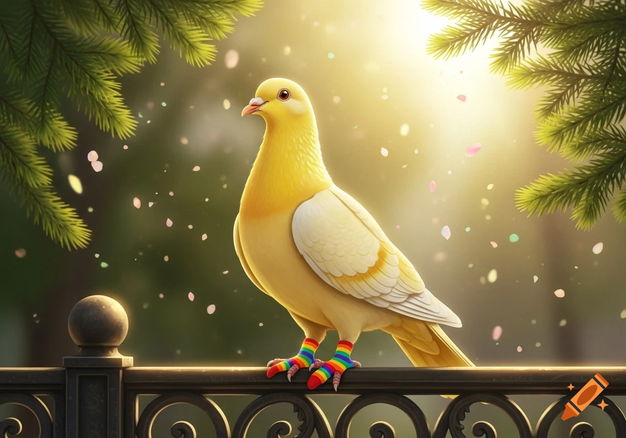 A bright yellow pigeon with rainbow-striped socks perches on a dark metal fence under sunlight, with green foliage and falling pink petals.