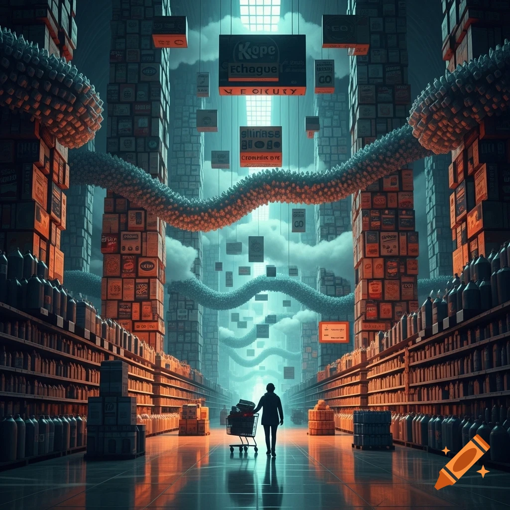 A lone figure pushes a shopping cart through a vast, surreal, futuristic supermarket with towering shelves and floating signs.
