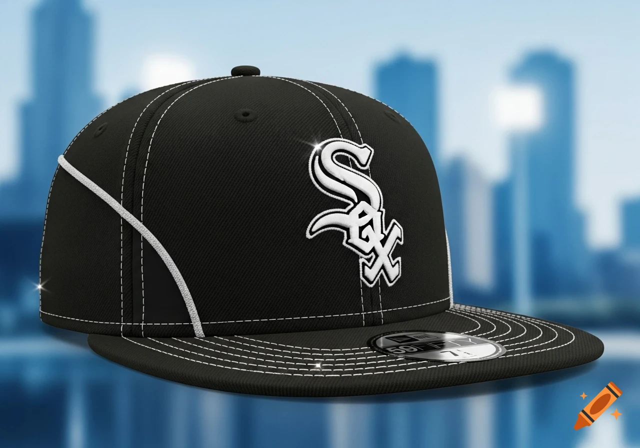 A black baseball cap with a white stylized 'Sox' logo, white stitching, and a New Era sticker on the brim, set against a blurry blue city background.