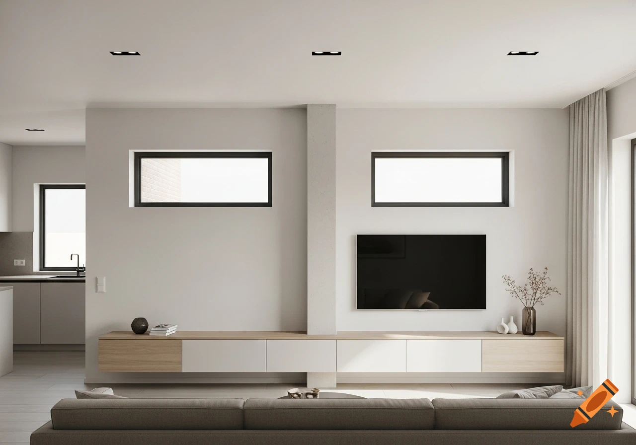 A modern minimalist living room features a long floating cabinet, wall-mounted TV, horizontal windows, and a gray sofa, with an open kitchen visible to the left, rendered photorealistically.