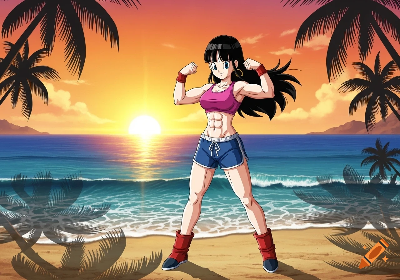 Anime character Chi-Chi from Dragon Ball Z flexing muscles on a beach at sunset.