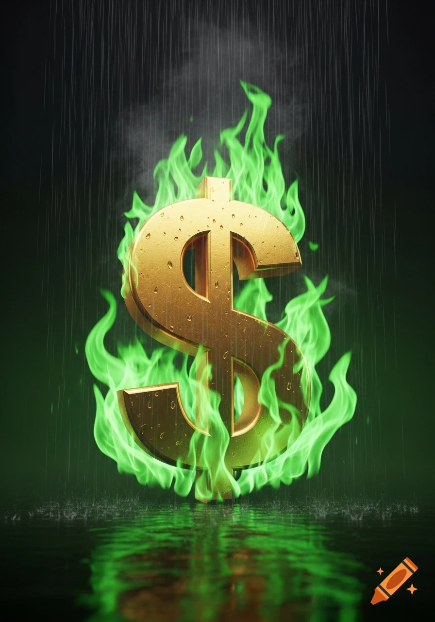 A glowing golden dollar sign engulfed in vibrant green flames, standing in rain with reflections on a wet surface.