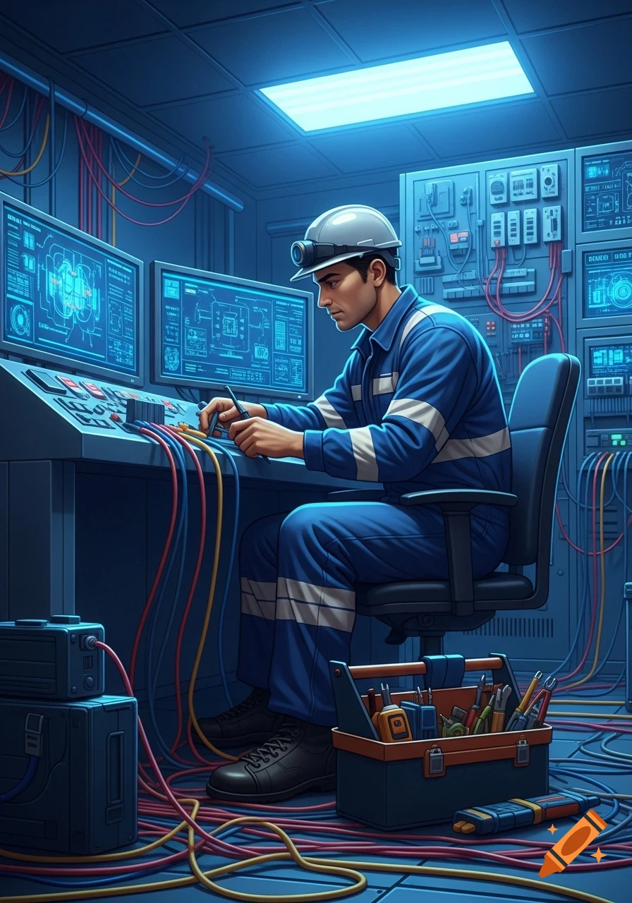 A male engineer in a blue uniform and hard hat works at a control panel with glowing screens and colorful wires in a high-tech room.