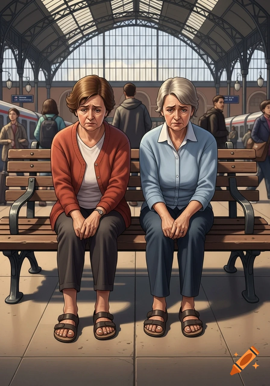 Two older women with sad expressions sit on a wooden bench at a train station. They both wear sandals, and other blurred people are in the background.