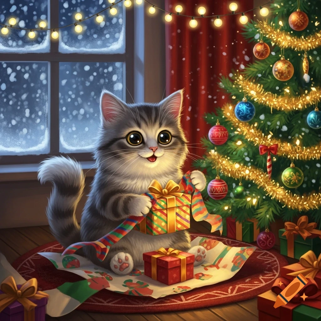 A cute fluffy tabby cat happily unwraps a colorful Christmas gift next to a decorated Christmas tree and a snowy window.