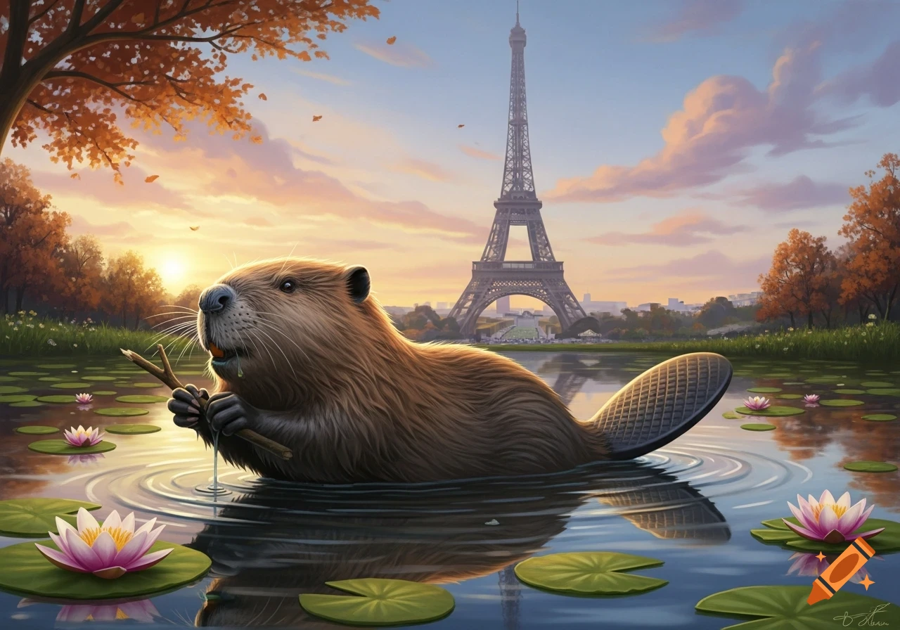 A beaver holding a stick in a pond with lily pads and the Eiffel Tower at sunset, in an illustrative style.