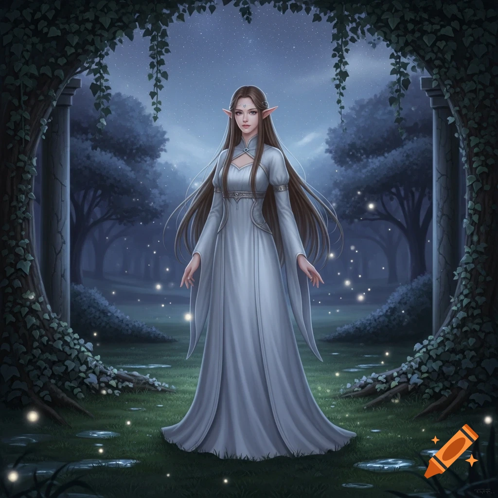A long-haired elf woman in a white dress stands in a magical, dark forest with twinkling lights and ivy-covered arches.