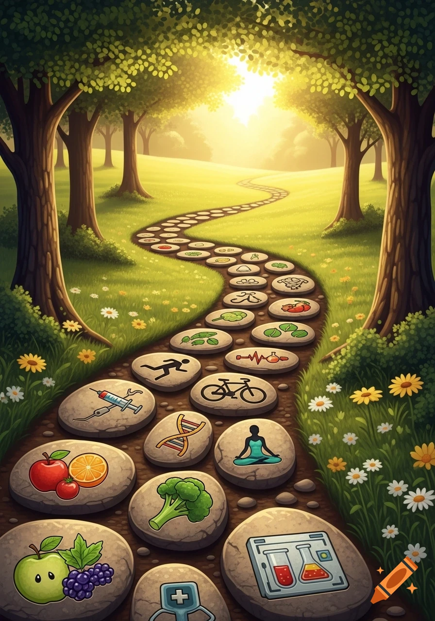 A stylized illustration of a winding path of health symbols on stones, through a sunny green pasture with trees.