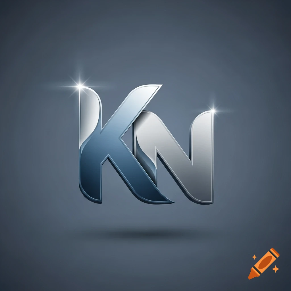 Stylized metallic 3D logo with intertwining letters K and N, featuring reflections and subtle lens flares against a dark grey background.