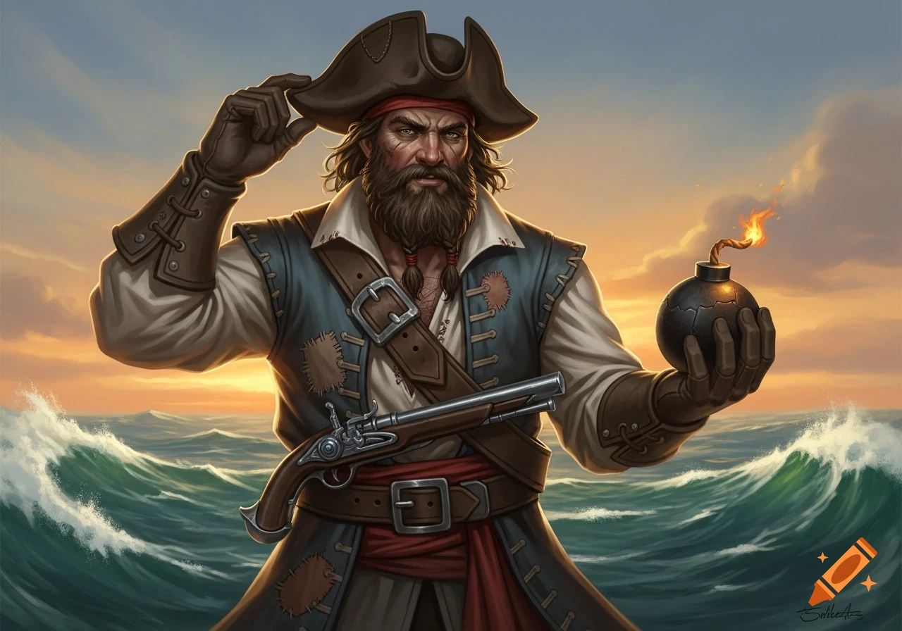 A grizzled pirate with a beard and a tricorn hat holds a lit bomb and a pistol, standing against a stormy sea and sunset sky.