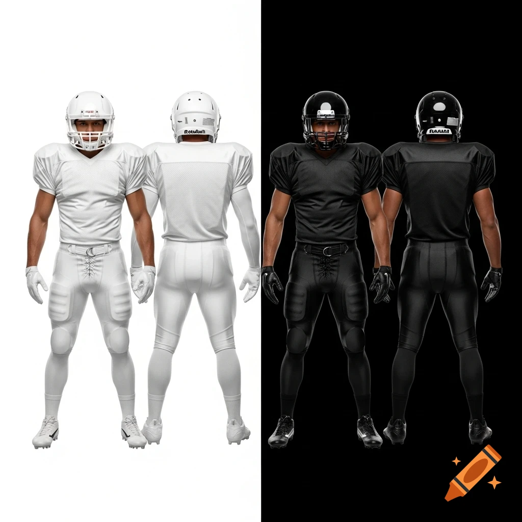 Four American football players in a split studio shot. Two players in white uniforms, front and back views, on a white background. Two players in black uniforms, front and back views, on a black background.