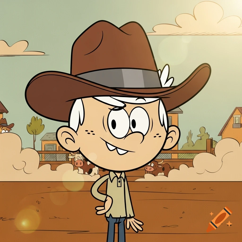Lincoln Loud from The Loud House wears a brown cowboy hat on a farm with cows, in a cartoon style.