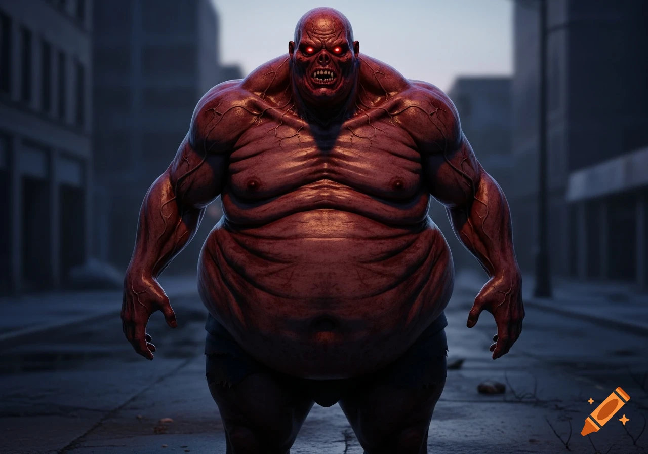A photorealistic, massive, red-skinned obese zombie with glowing red eyes stands in a dark city street.
