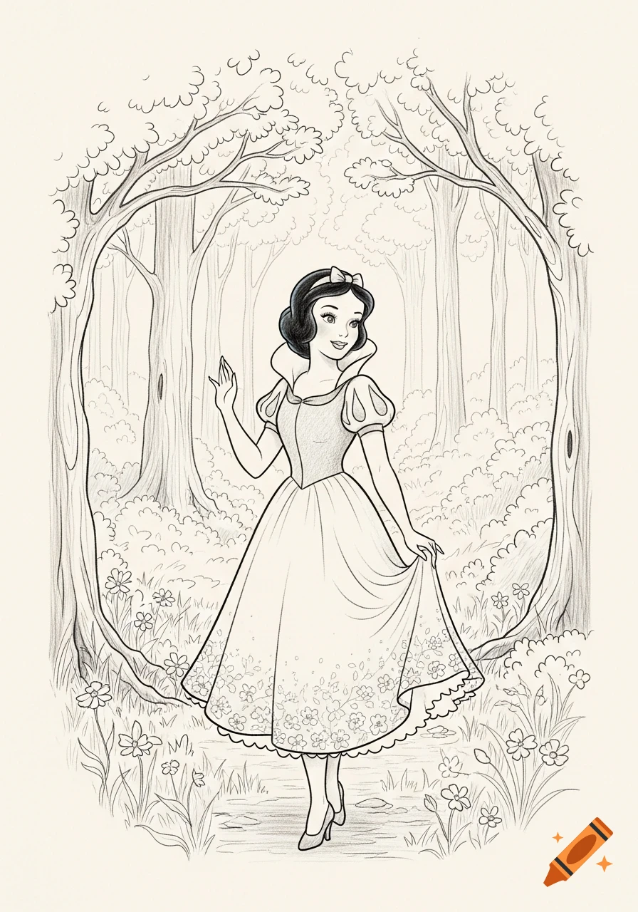 Black and white sketch of Snow White in a forest, holding up her dress.