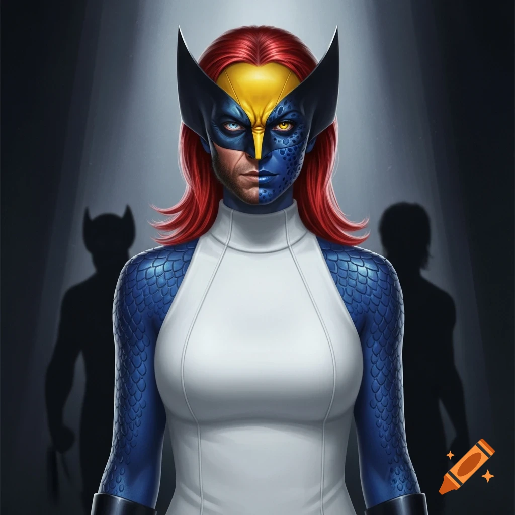 A stylized portrait of X-Men's Mystique with red hair, half her face morphed into Wolverine with a yellow cowl, wearing a white sleeveless dress.