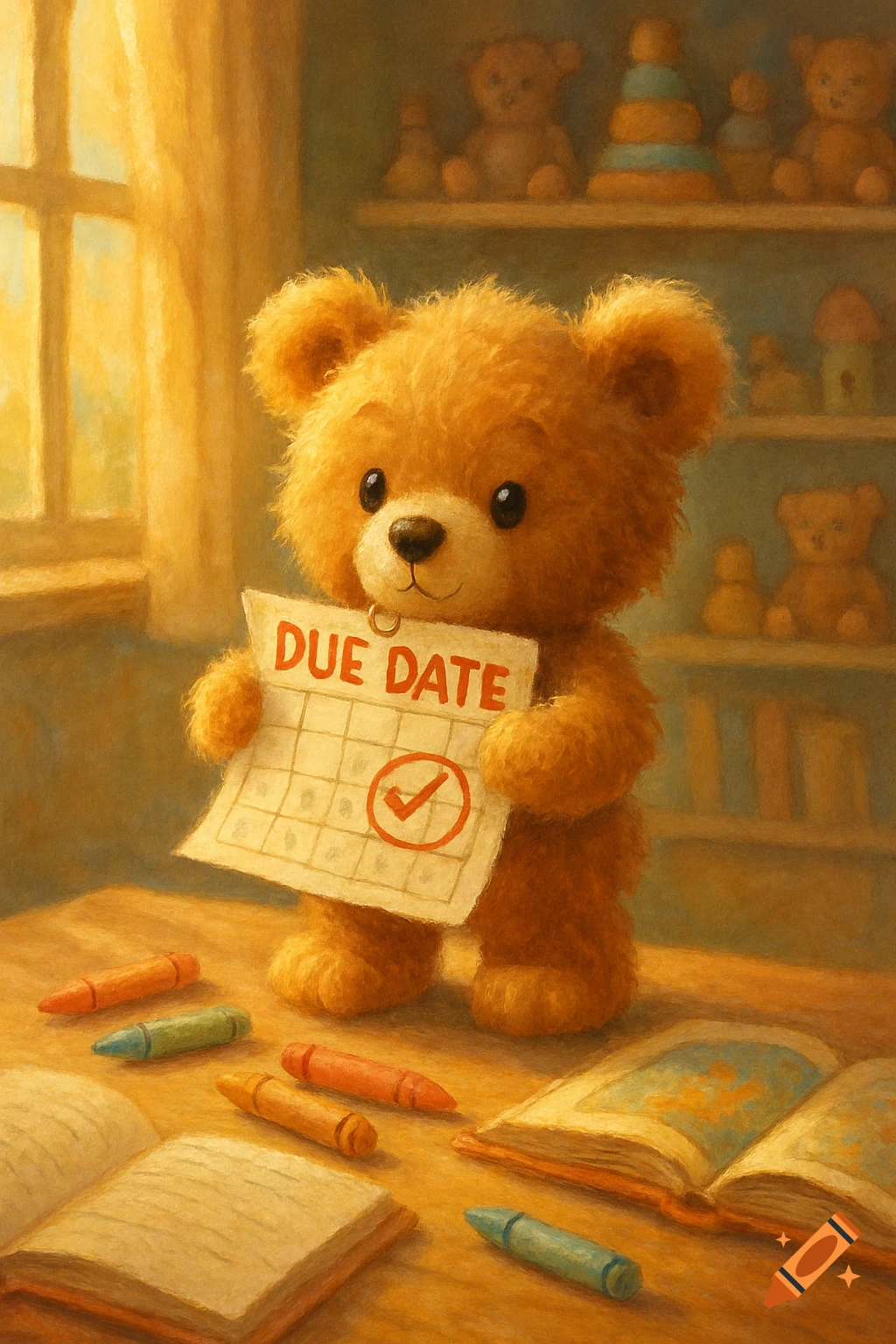 A fluffy teddy bear holds a calendar page with "DUE DATE" text, standing on a desk with crayons and books in a painterly style.