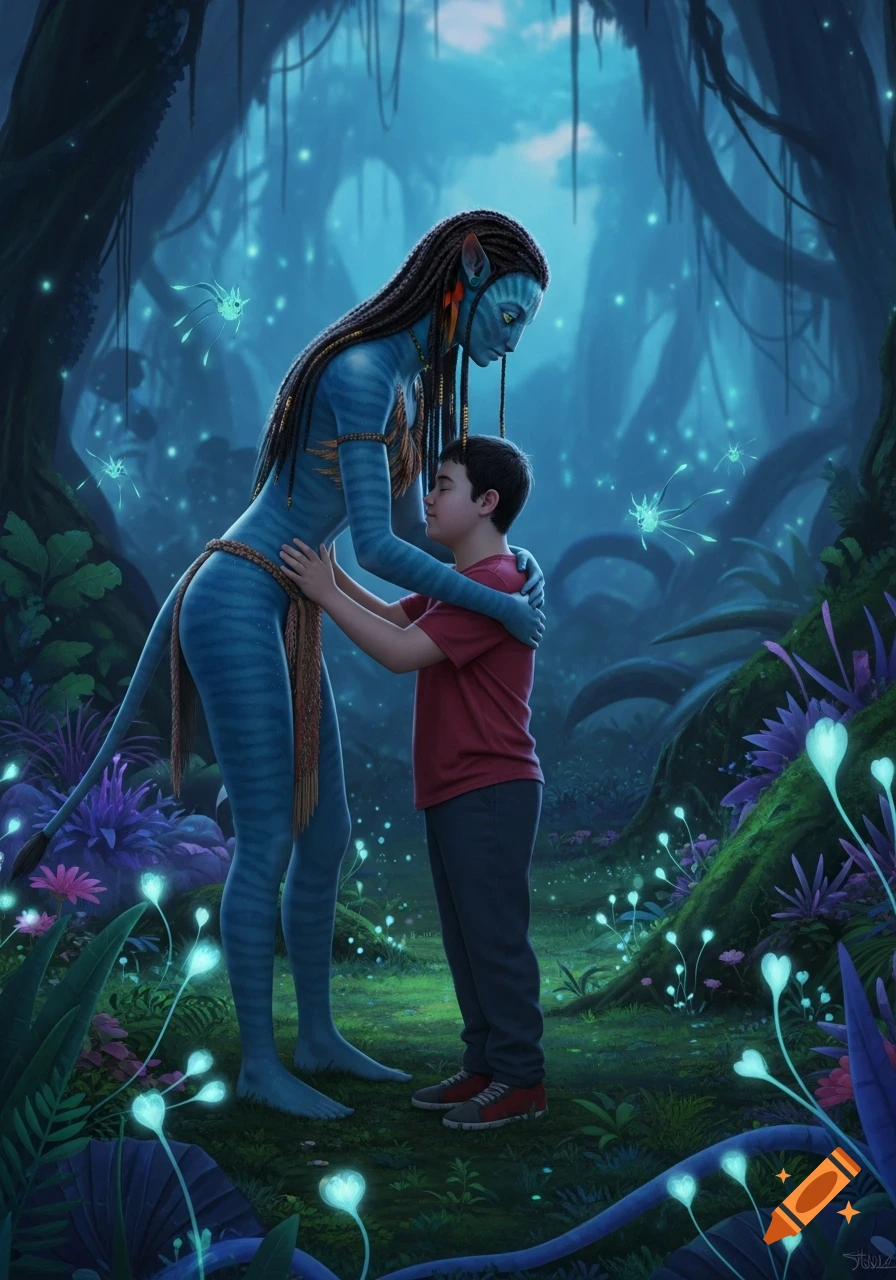 A tall blue Na'vi woman gently hugs a young boy in a glowing, bioluminescent forest at night, in a detailed digital art style.