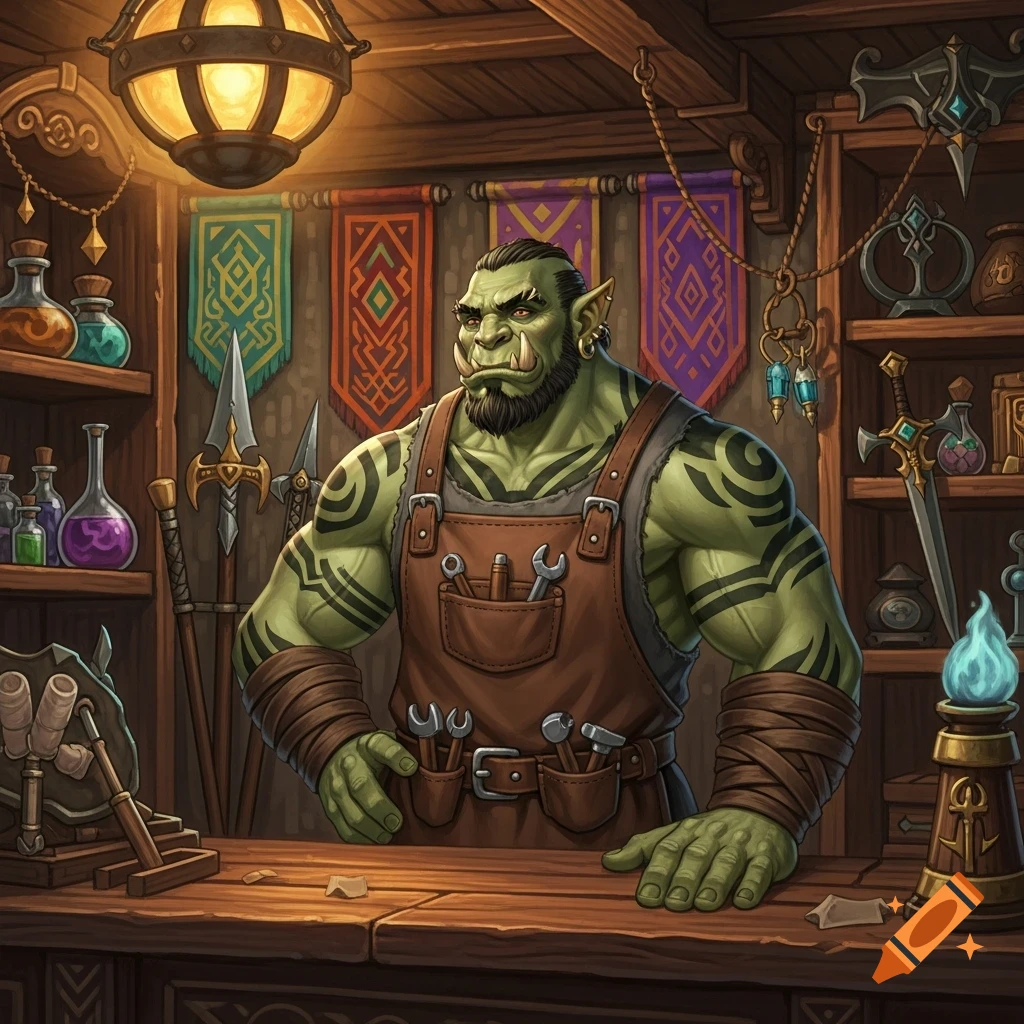 A muscular green-skinned orc with tattoos and a beard stands behind a wooden counter in a rustic fantasy shop filled with tools, weapons, and potions.