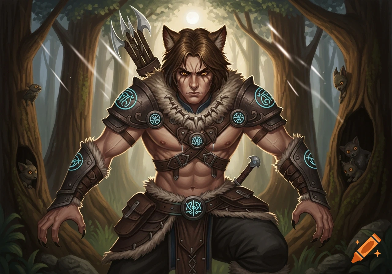 Muscular male shifter with wolf ears, glowing eyes, claws, wearing fur and runed leather armor, in a forest with wolf cubs.