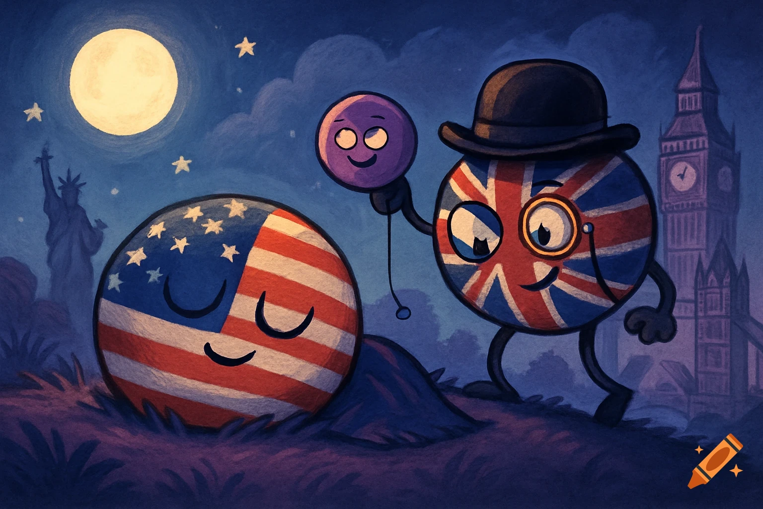 Cartoon UK countryball in a bowler hat holds a yo-yo next to a sleeping USA countryball. Statue of Liberty and Big Ben at night.