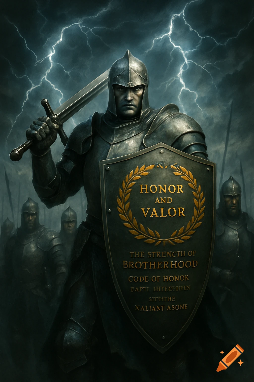 A dark fantasy illustration of a knight in full armor holding a sword and a shield with "HONOR AND VALOR" written on it, with other warriors behind him and lightning in a stormy sky.
