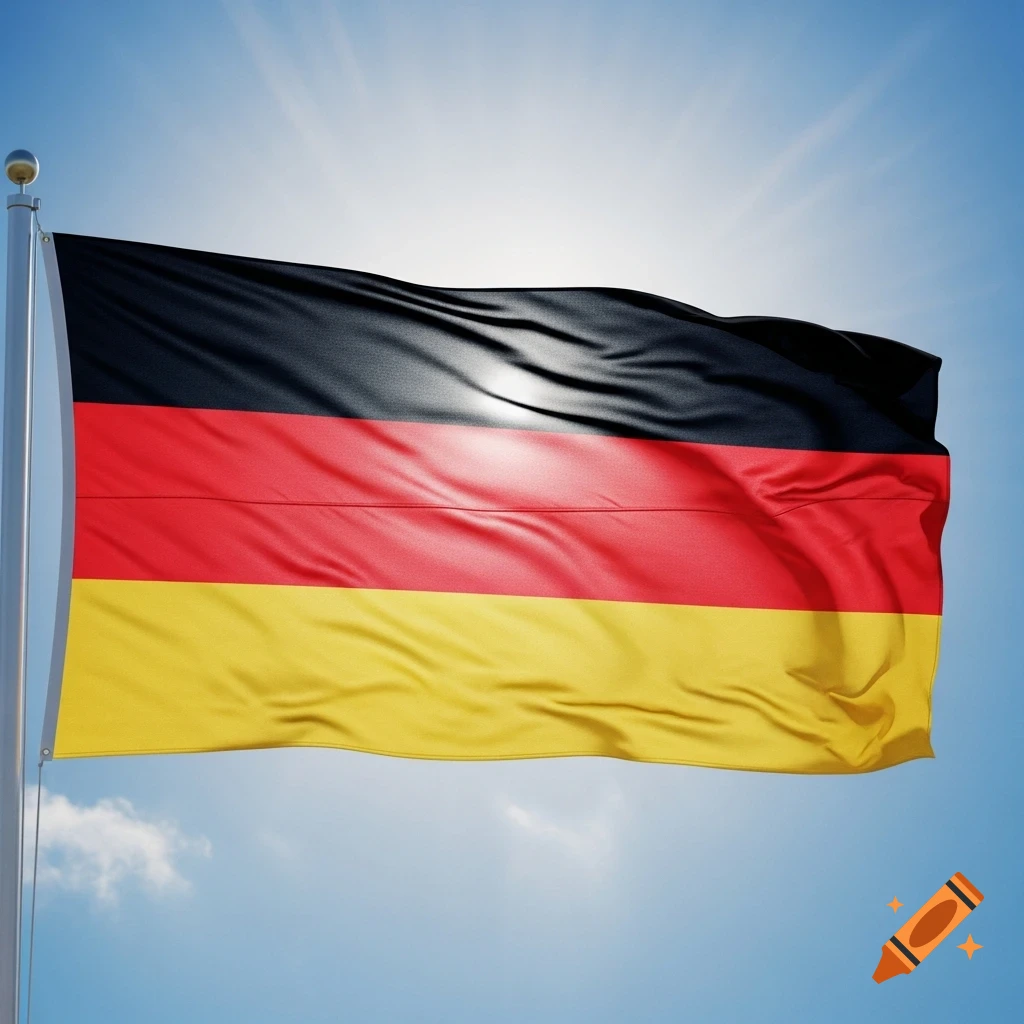 Photorealistic image of the German flag with black, red, and gold horizontal stripes waving against a bright blue sky with sunlight.