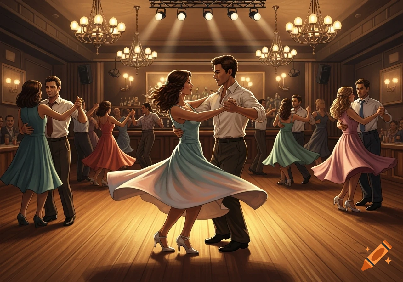 Couples dance in an elegant, dimly lit ballroom with chandeliers and spotlights in a stylized illustration.