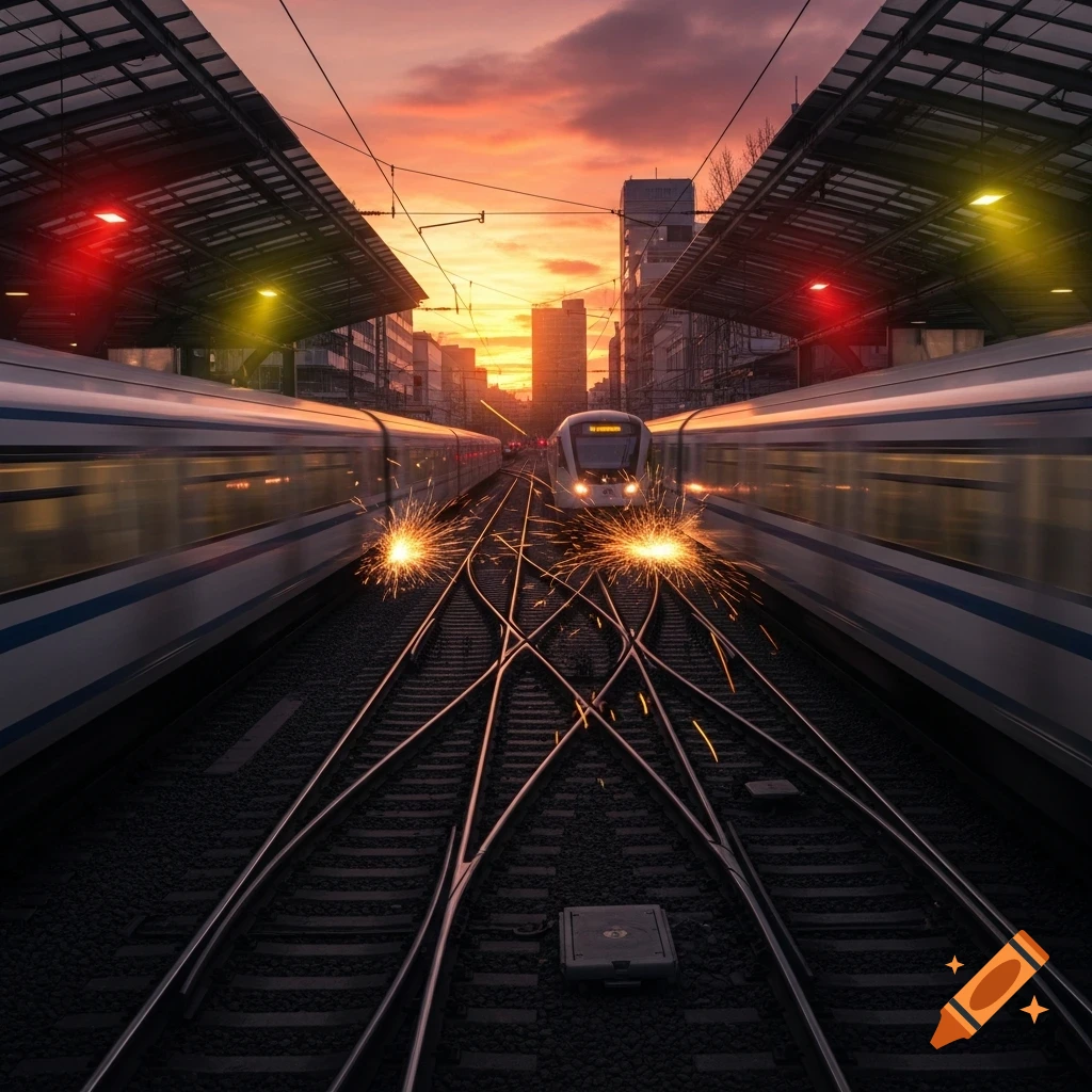 Photorealistic trains at a station during sunset, with tracks converging and sparks flying, city skyline in background.