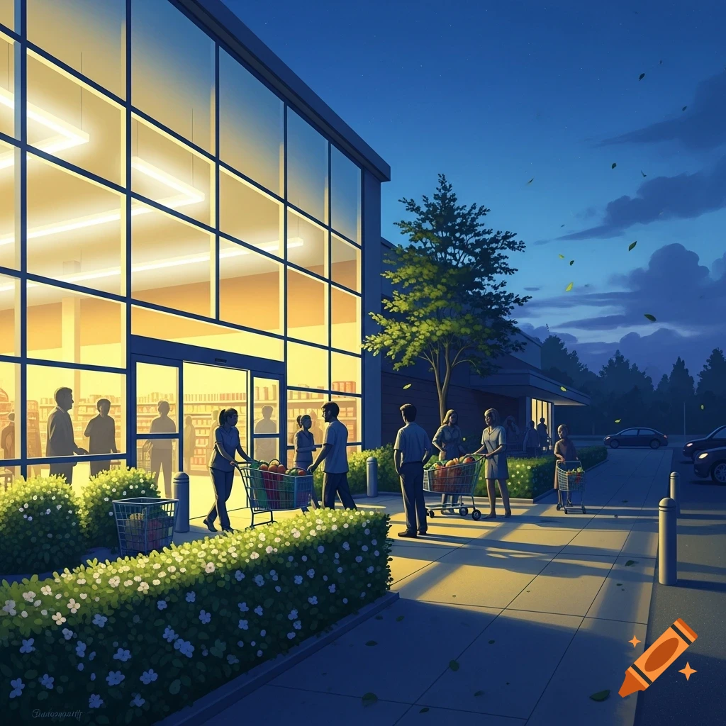 Stylized view of a modern supermarket exterior at dusk, with people pushing shopping carts outside the brightly lit entrance.