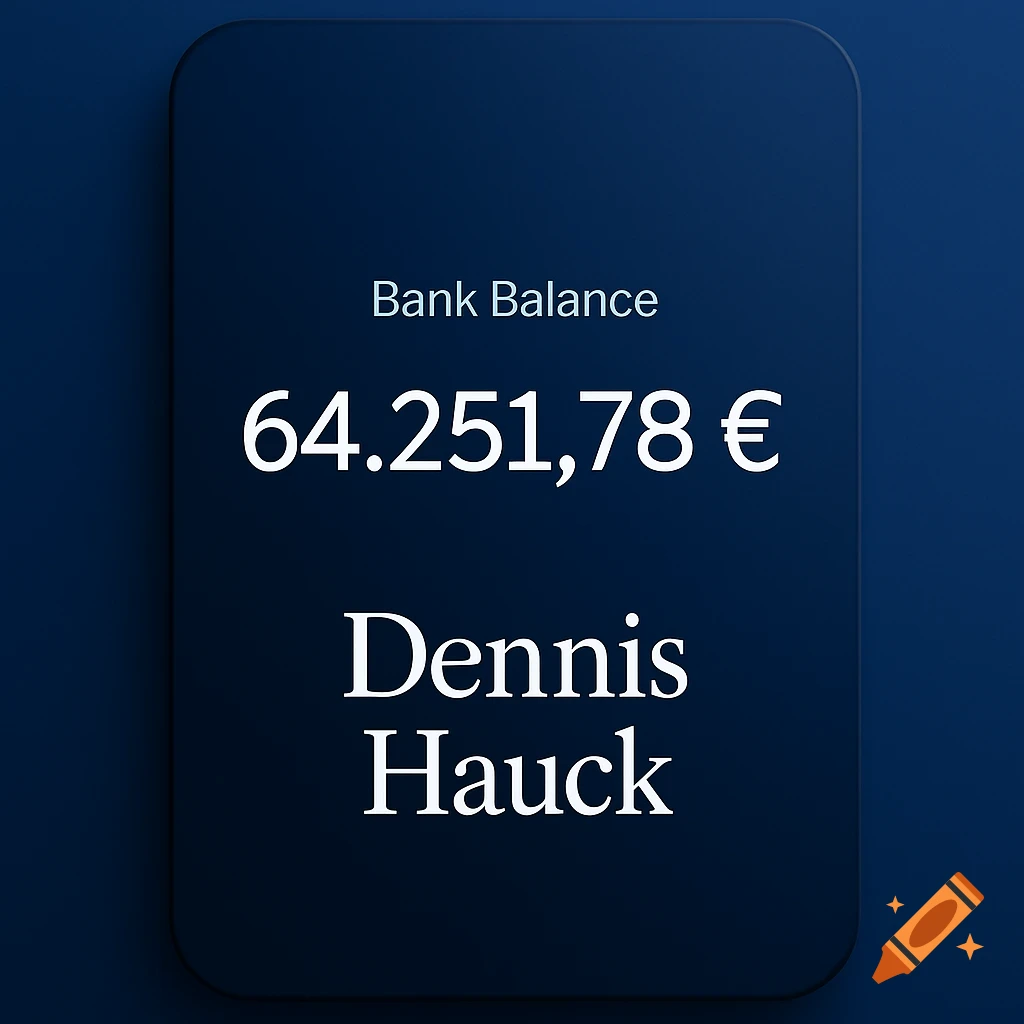 Dark blue graphic displaying a bank balance of 64.251,78 \u20ac for Dennis Hauck.