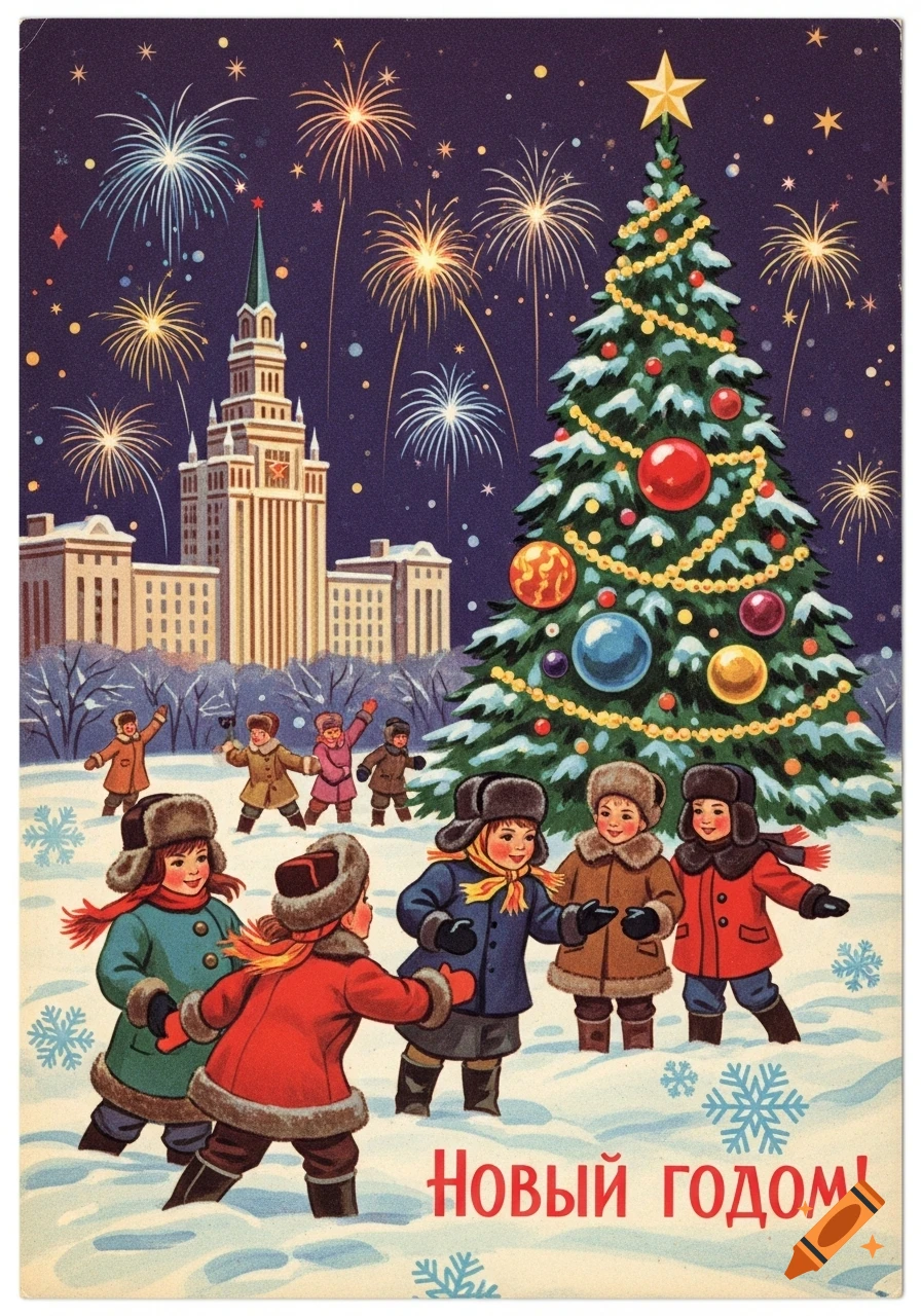 Vintage Soviet New Year postcard featuring children playing in snow, a decorated tree, fireworks over a city, and 'Happy New Year!' text.