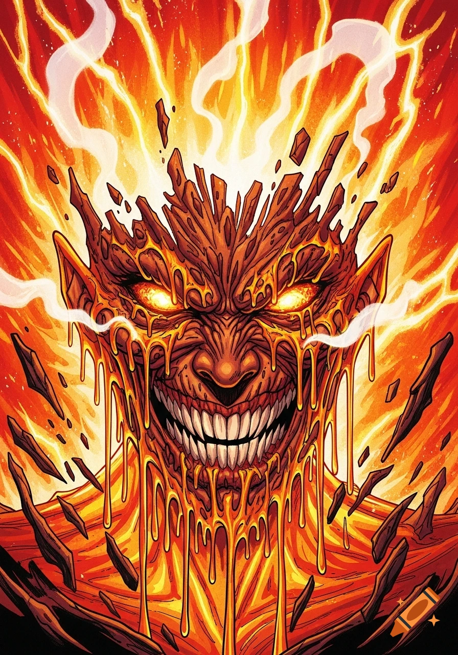 A comic book style, melting lava monster face with glowing eyes and a wide, toothy grin amid fiery energy.