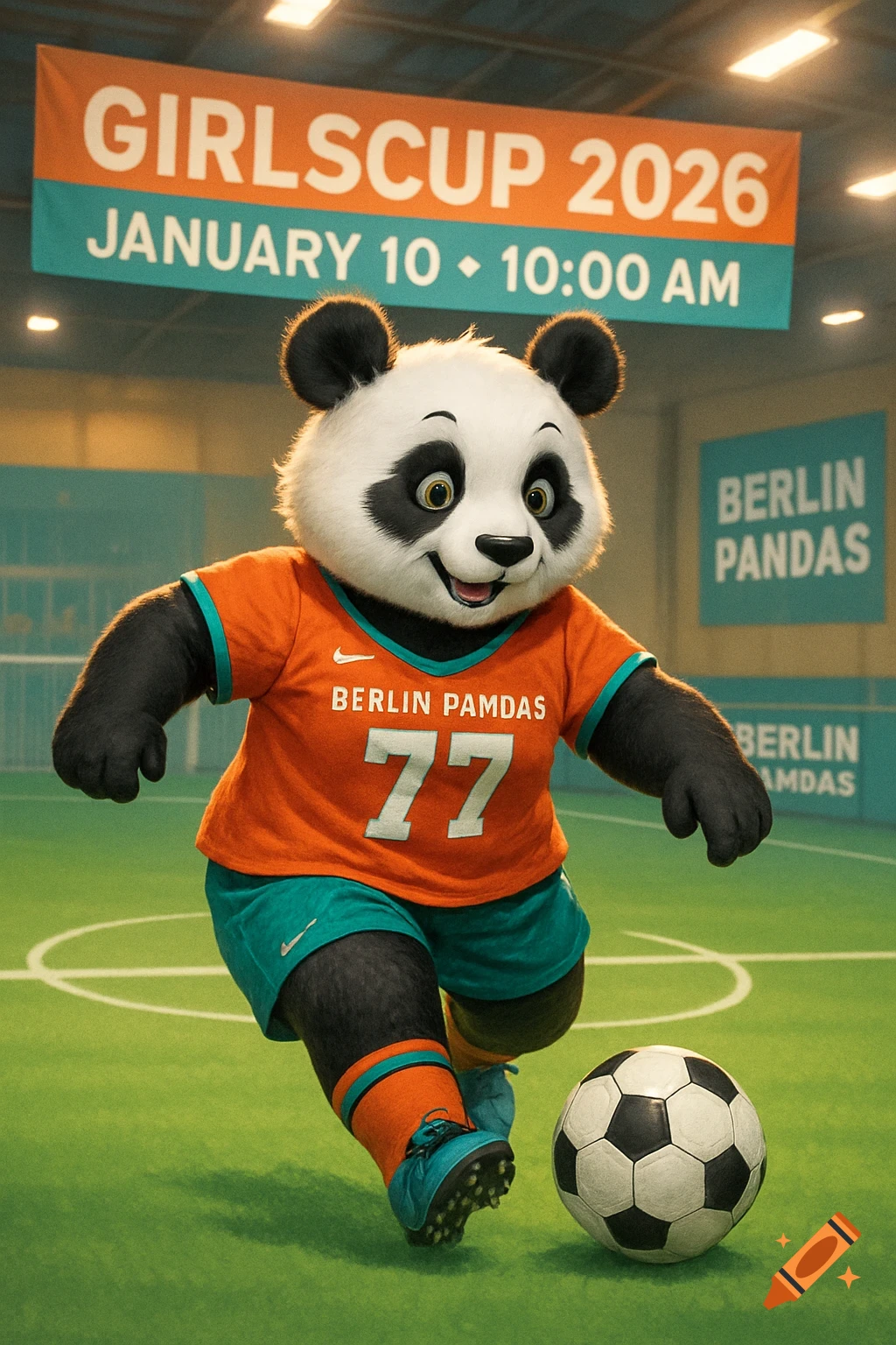 A photorealistic panda mascot in an orange and teal soccer uniform, number 77, dribbling a soccer ball on a green indoor pitch. A banner above announces "GIRLSCUP 2026 JANUARY 10 10:00 AM".