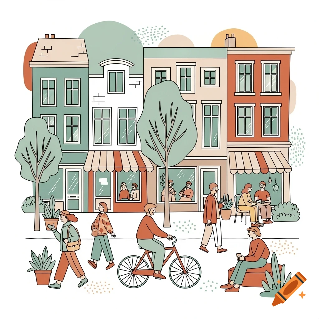Stylized vector illustration of a lively urban street scene with people walking, cycling, and sitting in front of colorful buildings and storefronts.